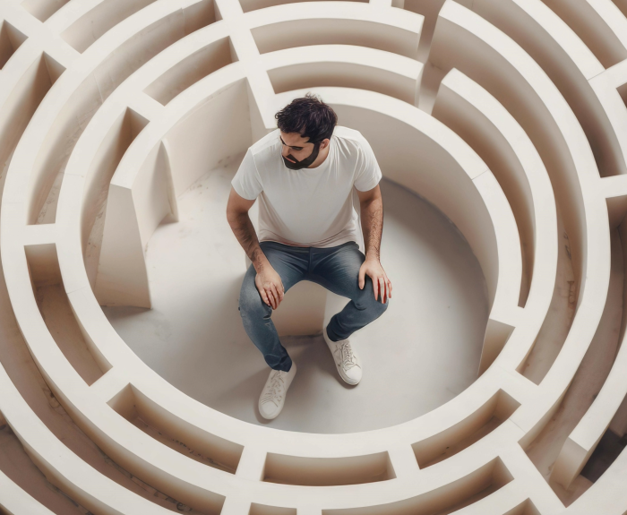 person stuck in center of round maze