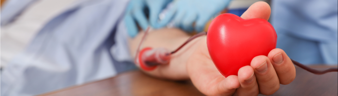 Man giving blood holding a heart-shaped squeeze ball