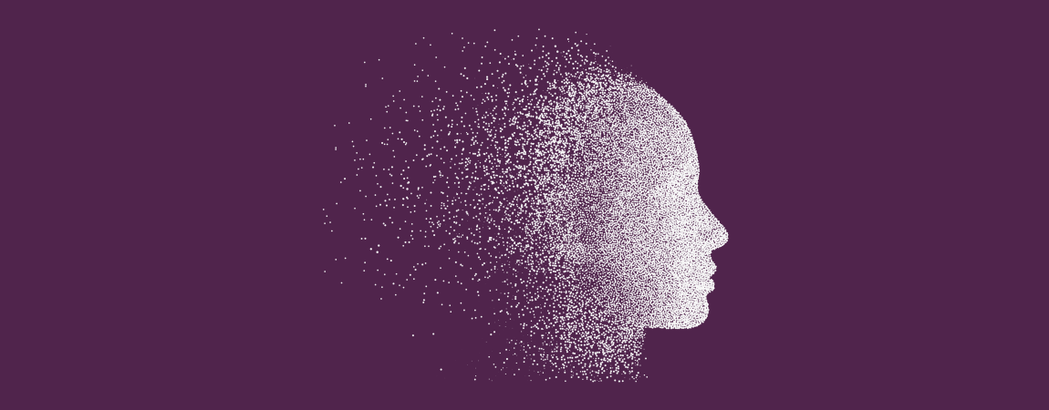 White sketch profile of human head on purple background.