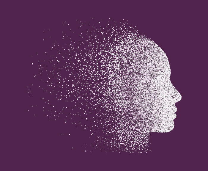 White sketch profile of human head on purple background.