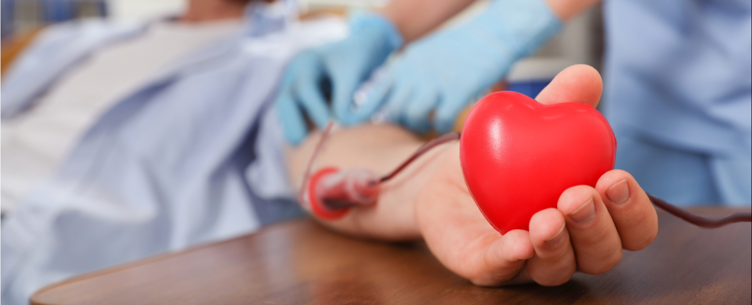 Man giving blood holding a heart-shaped squeeze ball